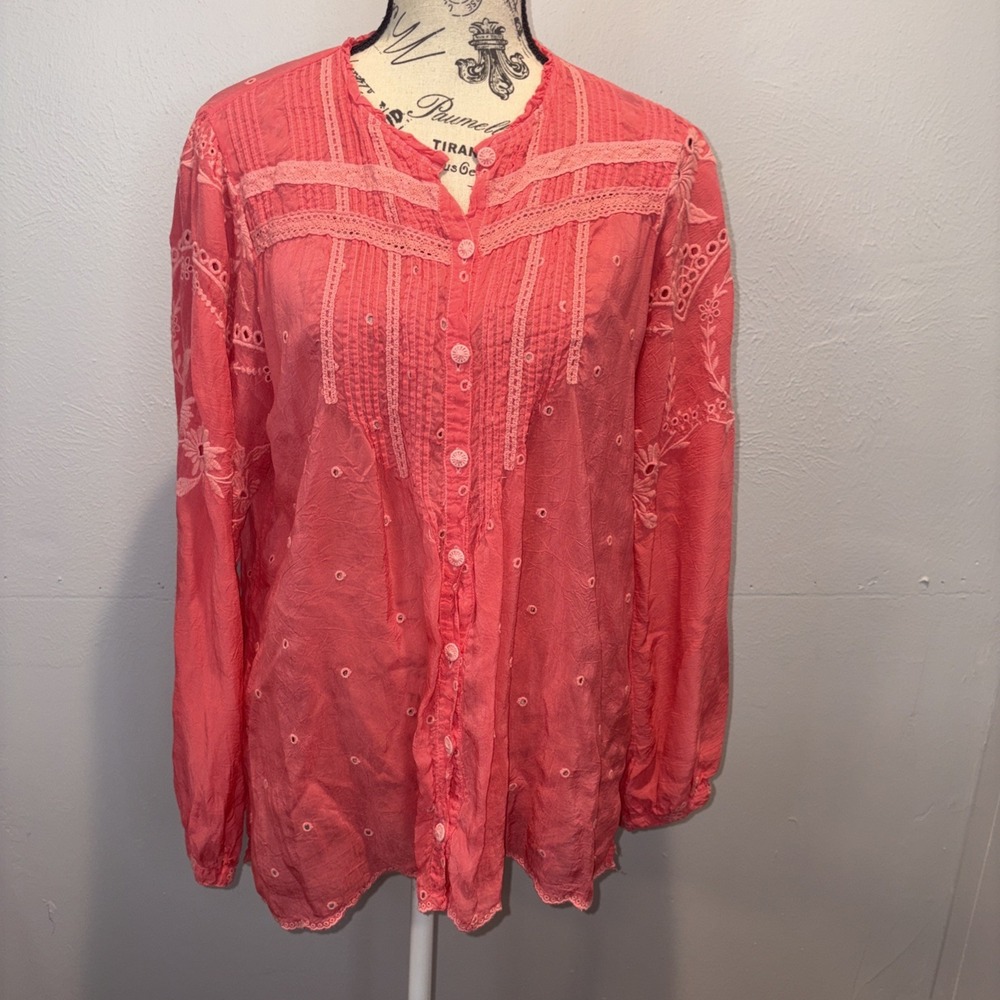 Johnny Was Passion Fruit Helia Button-Down Long Sleeve Blouse Embroidered Coral